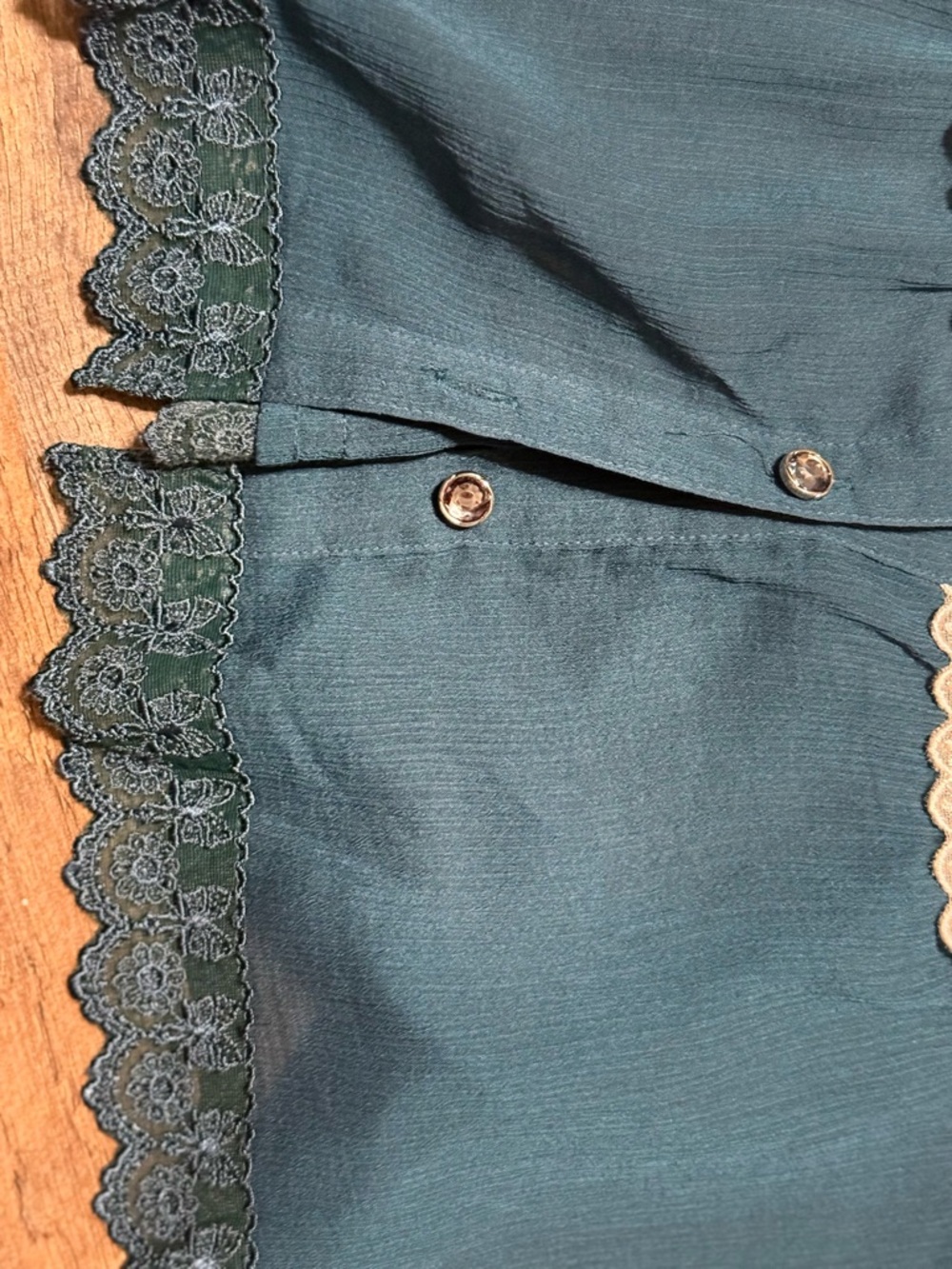 Victorian Teal Lace Bib Front Blouse •Size S• Sheer Chiffon Rhinestone Buttons - Picture 9 of 16
